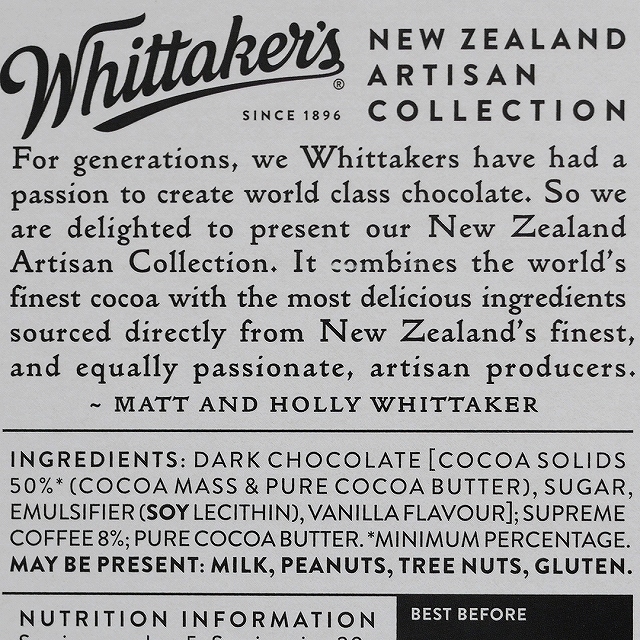 Whittaker's　ウィッタカー　ウェリントンローステッドスプリームコーヒーダークチョコレート　100gの口コミ