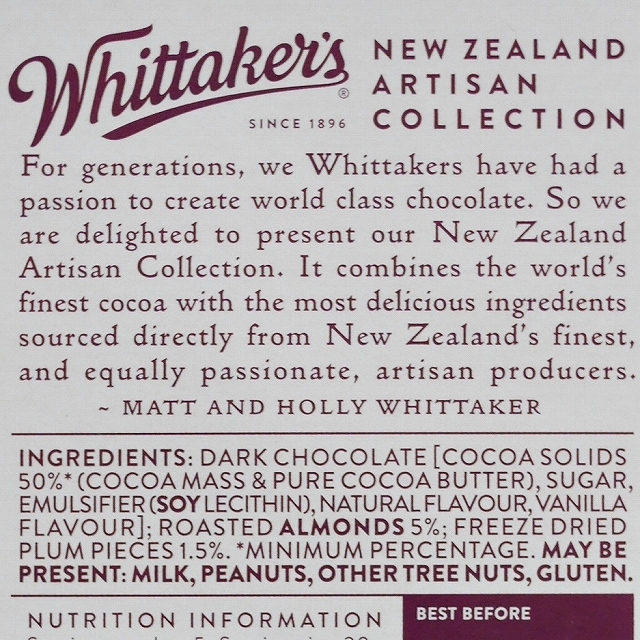 Whittaker's　プラム＆ローストアーモンドダークチョコレート　Hawke's Bay Black Dorisの口コミ